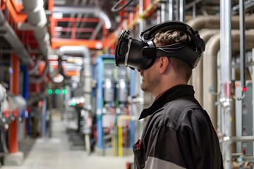 Illustration of Using AR and VR for training, maintenance, and design visualization in industrial environments. Ai Generate.