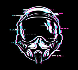Pilot helmet glitch, retro cyberpunk 80s style aviator headwear with glitched effect, cyan and magenta distortion lines. Vector theme of high-tech, futuristic, virtual reality or advanced technology
