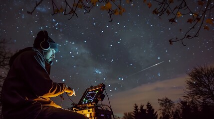 A creative ham radio enthusiast contacts via satellite under a starry sky, showcasing human ingenuity and technology.