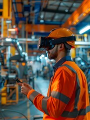 Illustration of Using AR and VR for training, maintenance, and design visualization in industrial environments. Ai Generate.