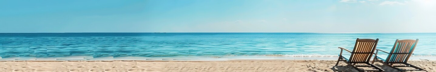 Obraz premium Tranquil beach with two chairs facing calm sea under clear sky.