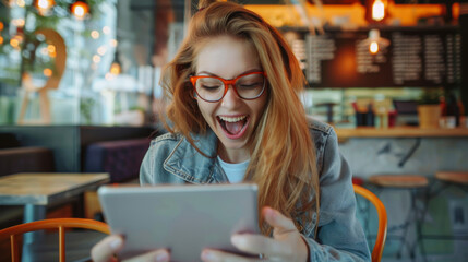 Young woman happy seeing a good news or funny thing on her tablet