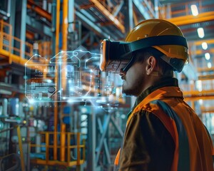 Fototapeta premium Illustration of Using AR and VR for training, maintenance, and design visualization in industrial environments. Ai Generate.