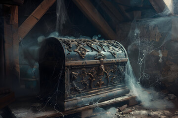Ornate Chest in Dusty Attic, Abstract with Spacecrafts Fighting