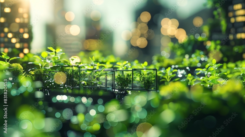 Poster a bustling metropolis with a dense network of vertical gardens representing the potential for blockc