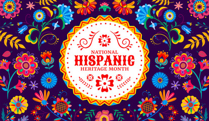 Tropical flowers pattern, national hispanic heritage month banner. Mexican and Spanish national carnival banner, Hispanic heritage month festival vector background or poster with colorful flowers