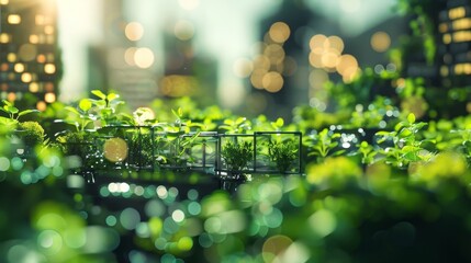 A bustling metropolis with a dense network of vertical gardens representing the potential for blockchainbased urban farming systems to reduce the environmental impact of food production.