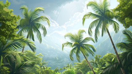 Fototapeta premium Realistic tropical landscape with palm trees swaying, AI generative