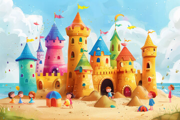 A cartoon illustration of a sandcastle with colorful flags on a beach with children playing in front of it.
