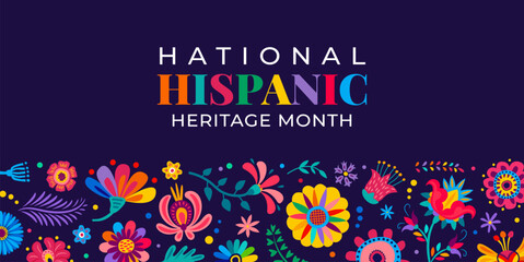 Tropical flowers on national Hispanic heritage month banner, Latin America holiday vector background. Hispanic Americans culture festival of tradition and art with ethnic floral pattern ornament © Vector Tradition