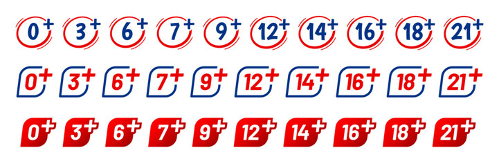 Under age signs isolated vector restriction icon set. 0, 3, 6, 7, 9, 12, 14 and 16, 18 or 21 plus years old. Sensitive content for kids and adults only symbols. Alert for viewers, internet protection