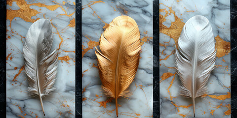 panel wall art, wall decoration, marble background with feather designs