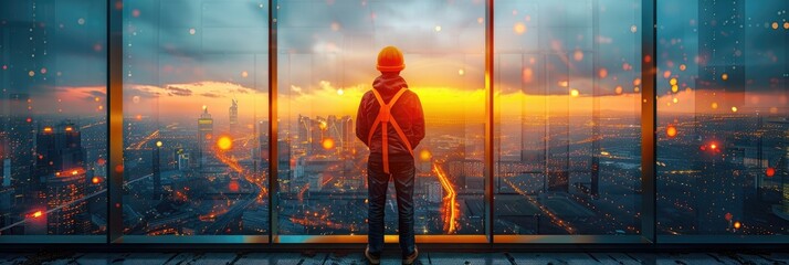 Silhouette of a man with a backpack gazing at a vibrant cityscape through a large window at sunset, creating a sense of wonder and adventure.