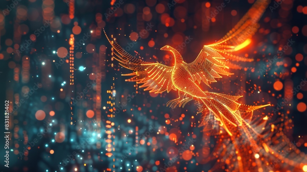 Poster a phoenix made up of glowing bits and pixels soaring above a landscape of servers and data storage s