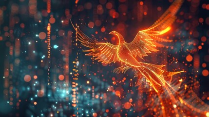 A phoenix made up of glowing bits and pixels soaring above a landscape of servers and data storage symbolizing the future of finance.