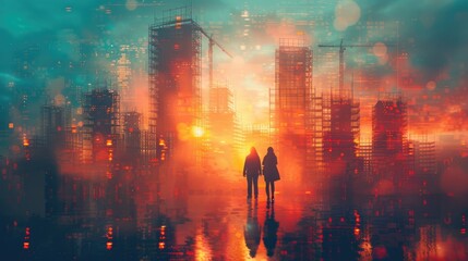 Obraz premium Silhouettes of two people walking towards a futuristic cityscape with vibrant sunset colors and abstract light effects.