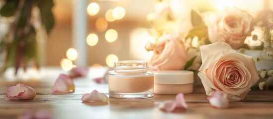 organic cream jar with rose organic aromatherapy and natural skincare concept background