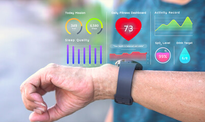 Senior man using AI smartwatch with futuristic hologram infographic display, hi-tech medical watch technology for diagnosis physical health condition, retire elderly doing exercise scanning heart rate