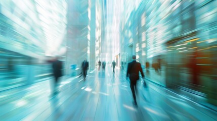 Quick motion of people blurs in modern corridor