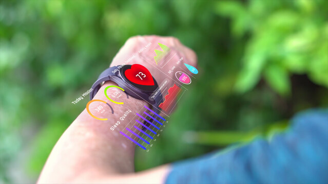 Senior man using AI smartwatch with futuristic hologram infographic display, hi-tech medical watch technology for diagnosis physical health condition, retire elderly doing exercise scanning heart rate - Powered by Adobe