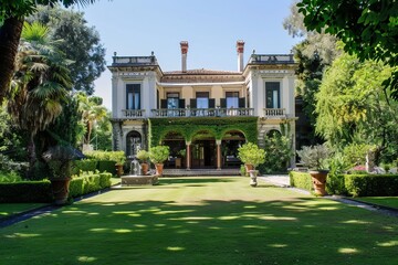 Elegant villa with lush garden and classical architecture, featuring large columns and manicured landscaping on a sunny day.
