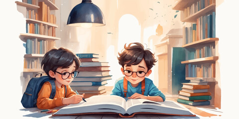 Illustration of Children's Day. Children, books reading in home with friends, learning or diversity for reading at school playground. Kids, education or study with support, water color style 