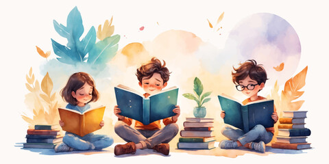 Illustration of Children's Day. Children, books reading in home with friends, learning or diversity for reading at school playground. Kids, education or study with support, water color style 