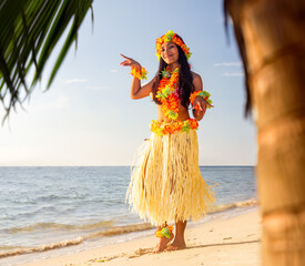 Hula Hawaii dancer dancing on sea beach at sunset