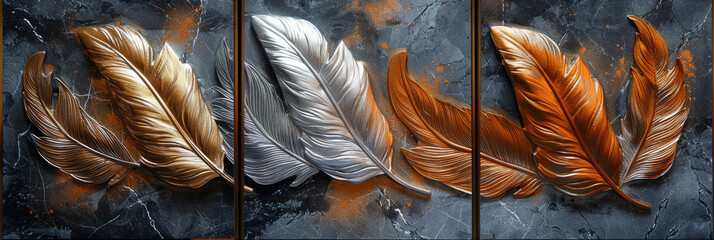 panel wall art, wall decoration, marble background with feather designs