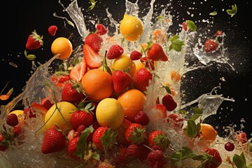 A fruit explosion with oranges, strawberries, and berries,