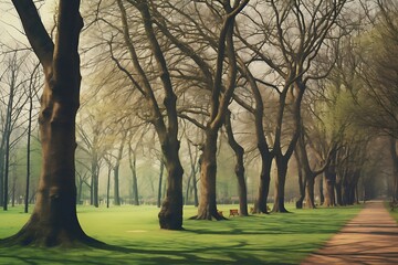 Obraz premium Autumn forest with fog and sunbeams. 3d rendering