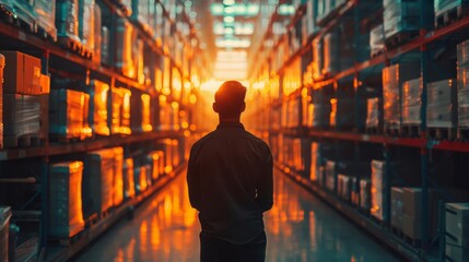 Fototapeta premium Inventory management in warehouse (close up, focus on, copy space) Efficient and structured colors Double exposure silhouette with boxes ,