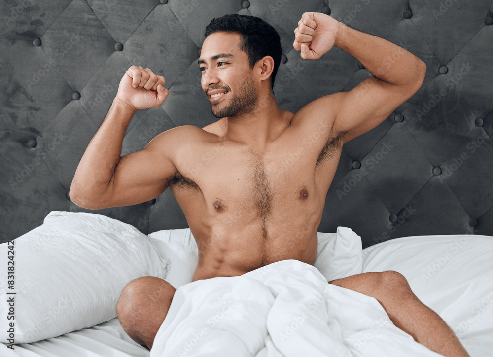 Poster Body, man and stretching in bedroom with pride, smile and wellness on weekend in home. Asian male person, abs and topless with happiness, confidence and relax in morning for wakeup in apartment