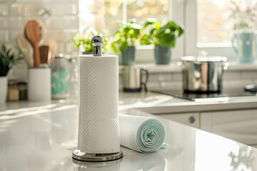 Paper towels on a holder on a wooden table in a homey kitchen