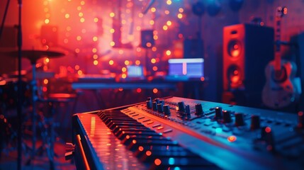 Music studio with instruments and equipment (close up, focus on, copy space) Modern and energetic...