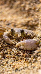 Atlantic ghost crab on a sandy caribbean beach, close-up macro in Colombia