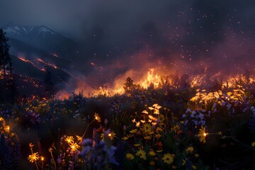 A Lush Forest Consumed by Fire at Night