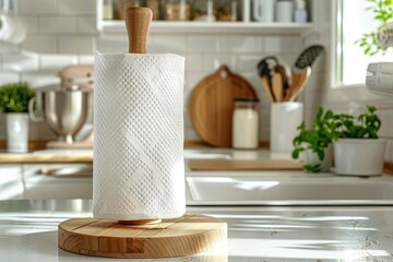 Paper towels on a holder on a wooden table in a homey kitchen - Powered by Adobe