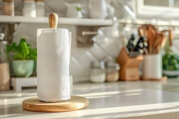 Naklejka premium Paper towels on a holder on a wooden table in a homey kitchen