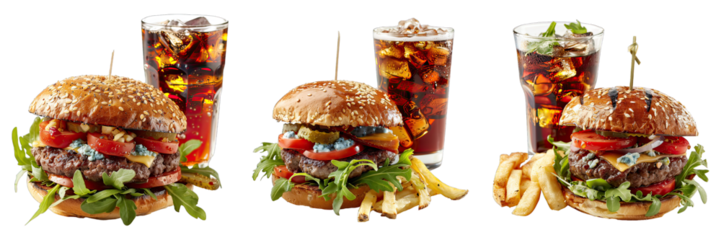 Blue Cheese Burger With Cola  isolated on transparent png background collection set . Generative ai