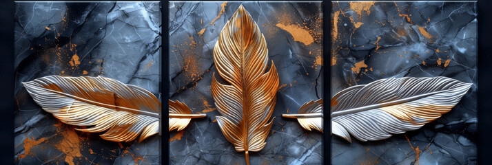 panel wall art, wall decoration, marble background with feather designs