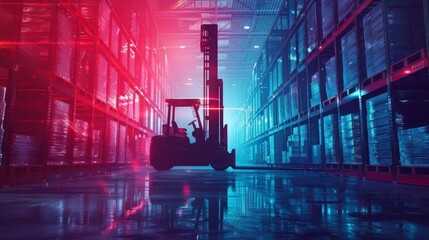 Warehouse logistics with stacked pallets (close up, focus on, copy space) Organized and efficient hues Double exposure silhouette with forklift ,