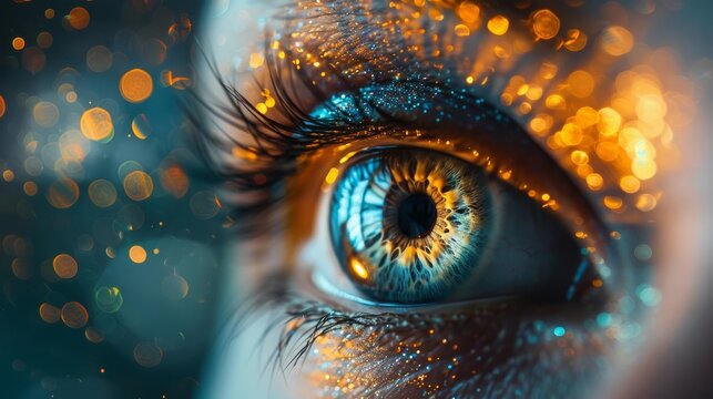 Visual inspection for quality assurance (close up, focus on, copy space) Clear and focused colors Double exposure silhouette with eye icon ,