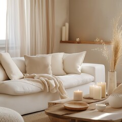 Modern beige living room interior with white sofa, wooden table with candles and candle decorations