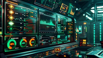 Fototapeta premium Futuristic financial data visualization with green neon accents on a black background, a high-tech trading interface featuring stock and linked scene fluids charts, a closeup shot of a digital screen