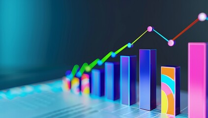 The concept of growing green plants on the glass table with blue digital bar graph, business growth and financial success in technology background. Businesschildren illustration for website banner or 