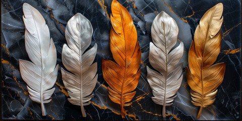 panel wall art, wall decoration, marble background with feather designs