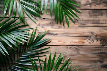 Green palm leaves on wooden background. Perfect for natural, tropical, or summer-themed projects and designs.