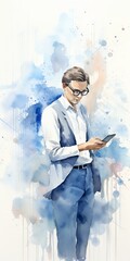 Elegant watercolor painting of a man in glasses, reading a tablet. Modern digital art with a blue and white abstract background.