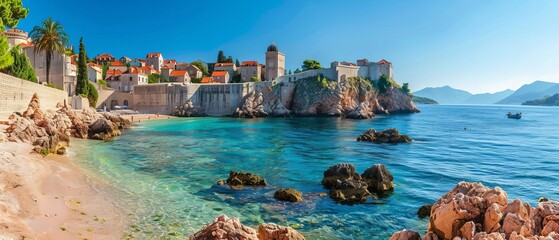 Scenic view of Dubrovnik's old town and fortified walls by the Adriatic Sea, Croatia, on a sunny...